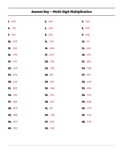 2-digit by 1-digit multiplication worksheet answer key