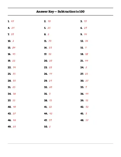 2-digit subtraction worksheet answer key