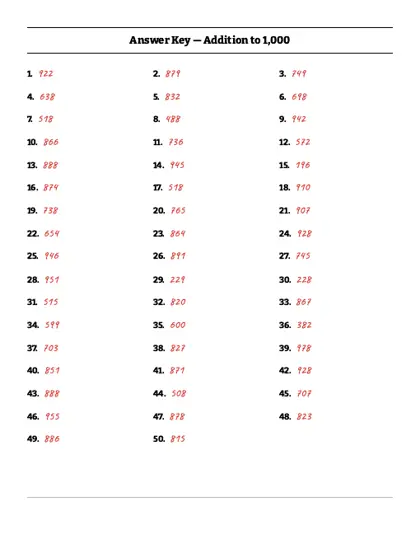 3-digit addition worksheet answer key