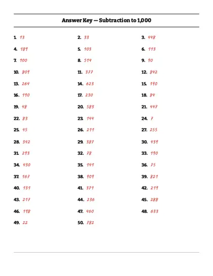 3-digit subtraction worksheet answer key