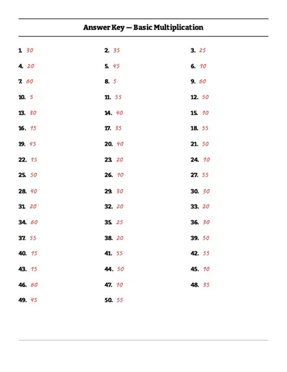 5 times table worksheet answer key