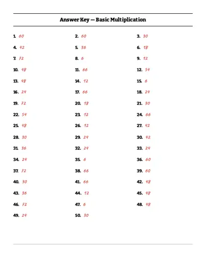 6 times table worksheet answer key