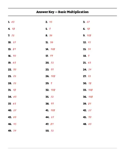 9 times table worksheet answer key