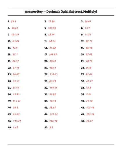Adding and subtracting decimals worksheet answer key