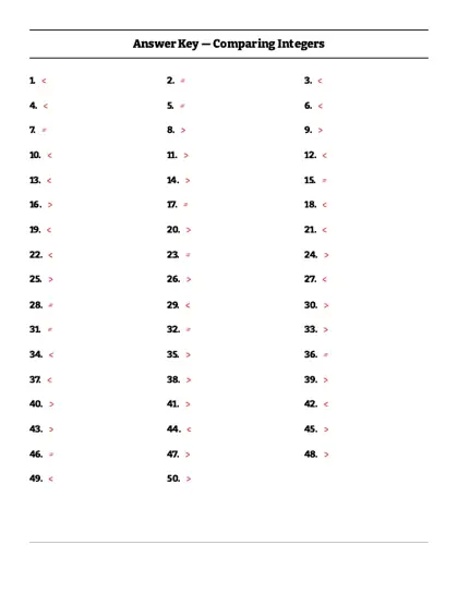 Comparing integers worksheet answer key