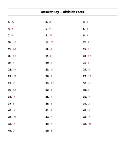 Division facts worksheet answer key