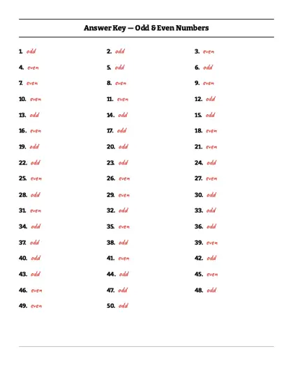 Even and odd numbers worksheet answer key