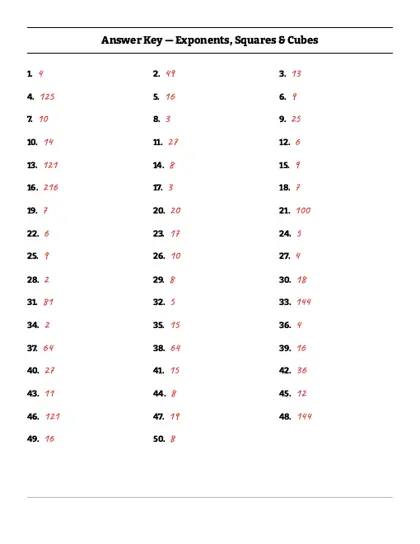 Exponents worksheet answer key