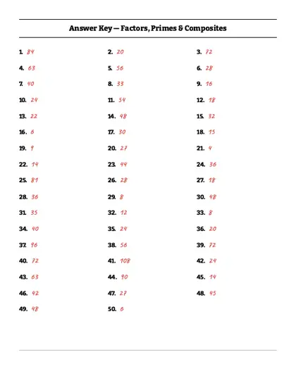 Factors and multiples worksheet answer key