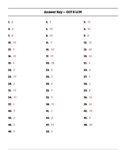 Greatest common factor worksheet answer key