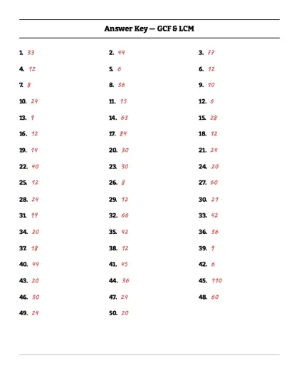 Least common multiple worksheet answer key