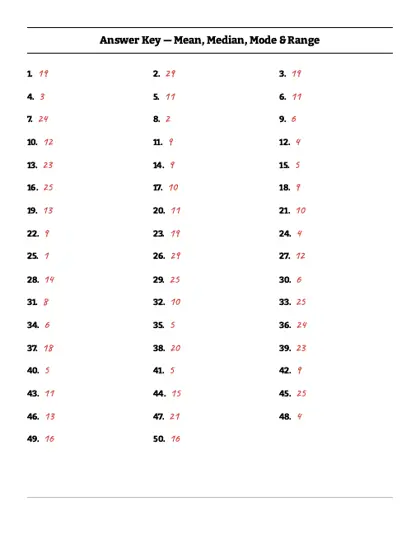 Mean, median, mode and range worksheet answer key