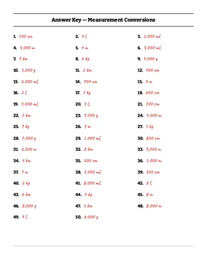 Metric units worksheet answer key
