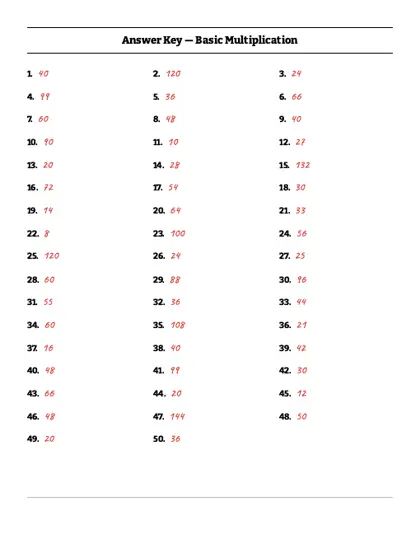 Mixed times tables worksheet answer key