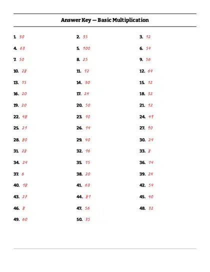Multiplication facts worksheet answer key
