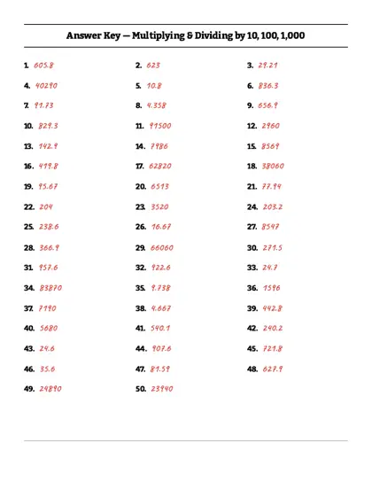 Multiply and divide by 10, 100 and 1000 worksheet answer key