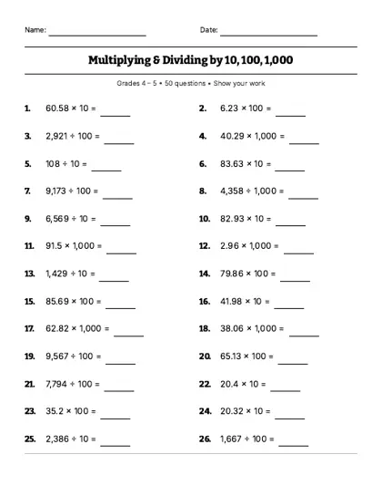 Multiply and divide by 10, 100 and 1000 worksheet, page 1