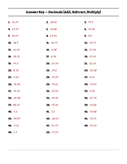 Multiplying decimals worksheet answer key