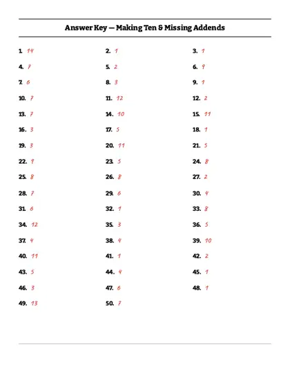 Number bonds worksheet answer key