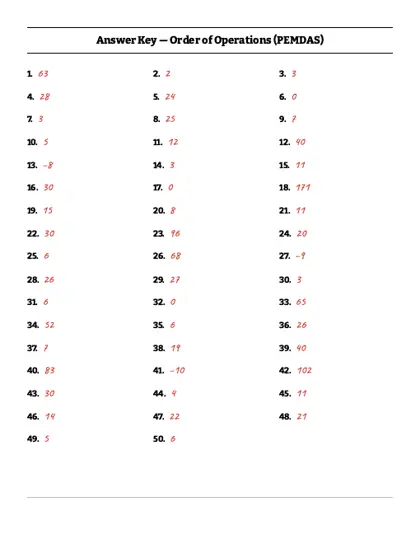 Order of operations worksheet answer key