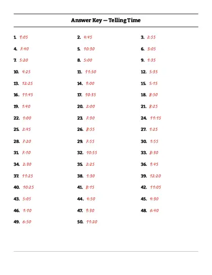 Telling time worksheet answer key