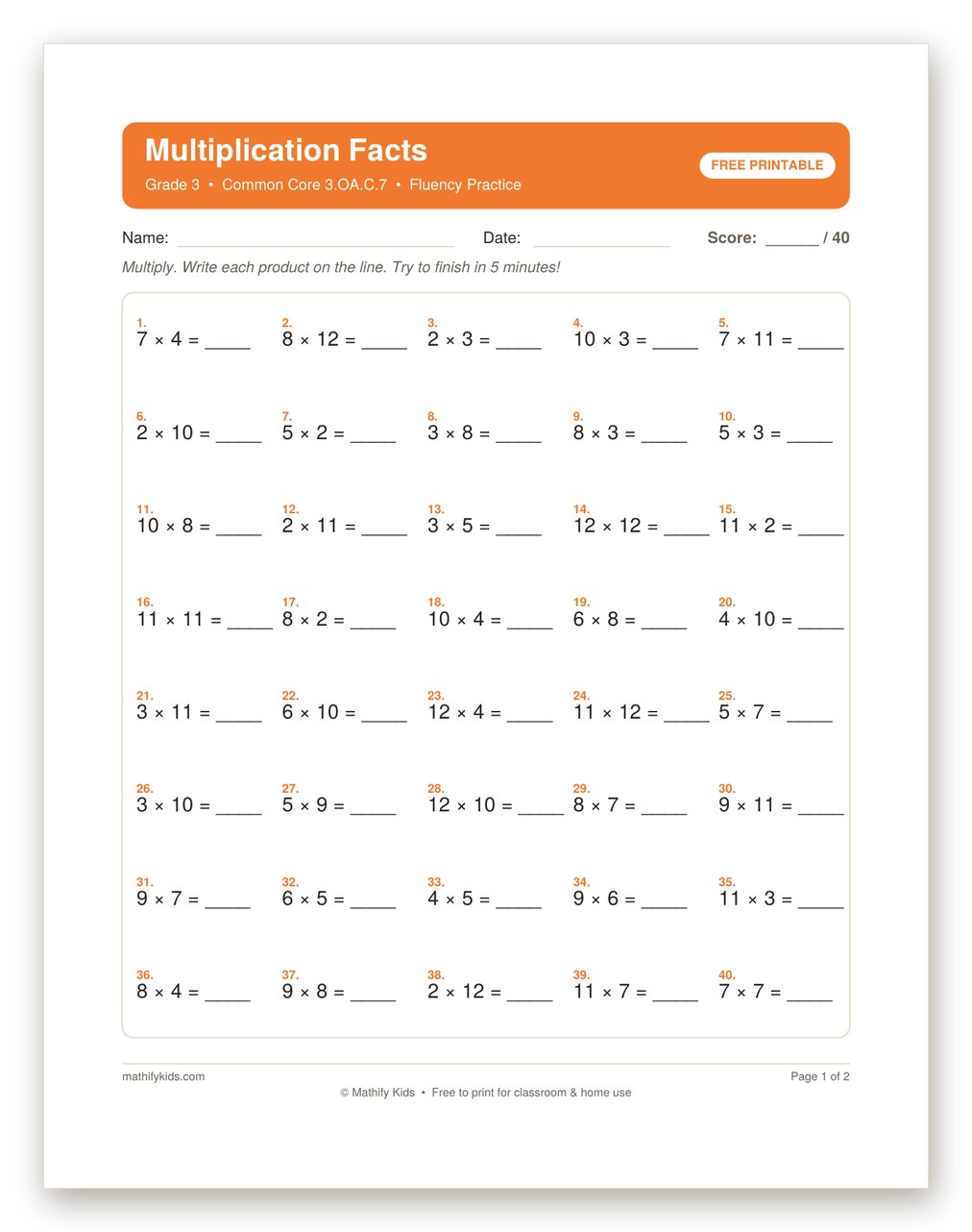 Free printable multiplication facts worksheet PDF for Grade 3 with 40 problems and an answer key
