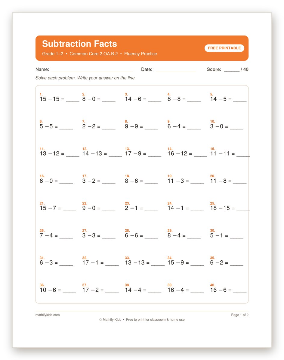 Free printable subtraction facts worksheet PDF with answer key