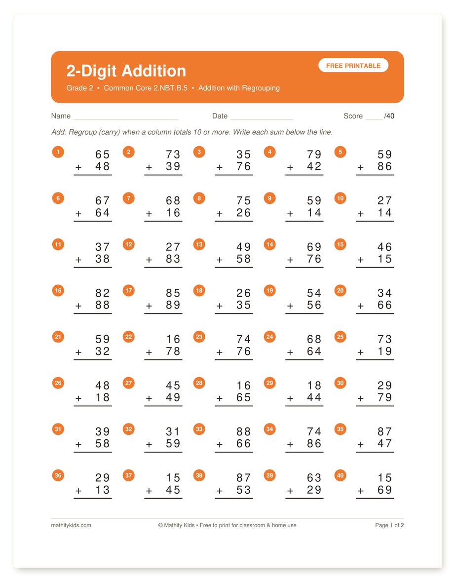 Free printable 2-digit addition worksheet with regrouping and answer key, Grade 2