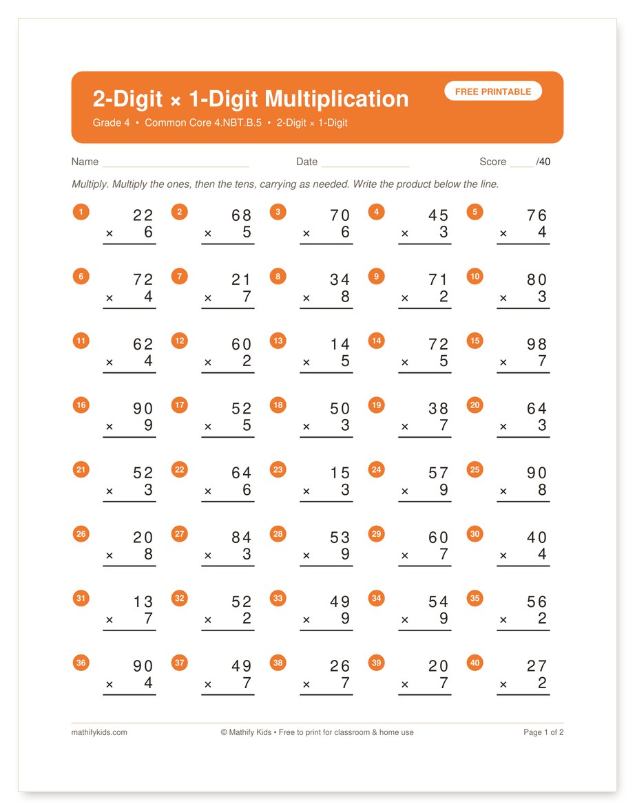 Free printable 2-digit by 1-digit multiplication worksheet with answer key, Grade 4