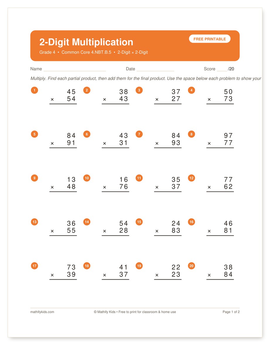Free printable 2-digit by 2-digit multiplication worksheet with answer key, Grade 4