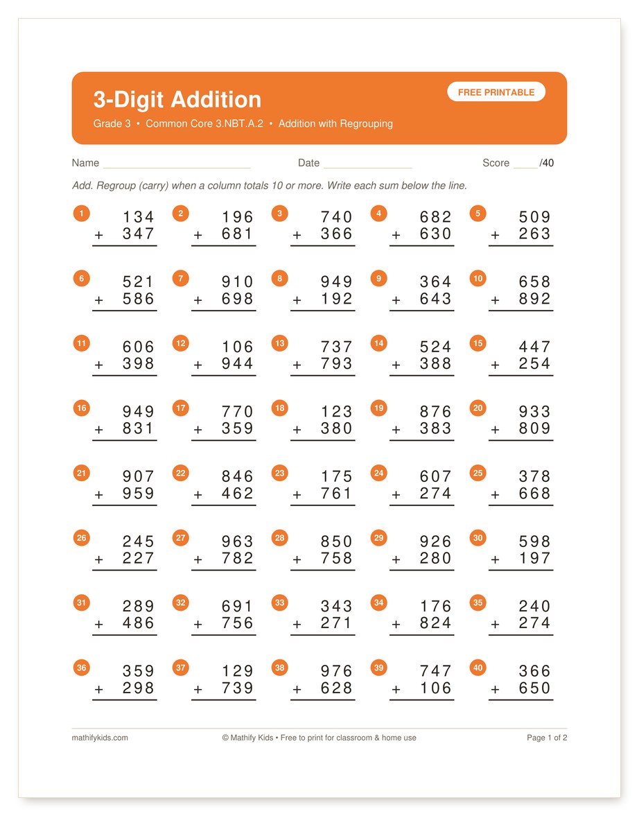 Free printable 3-digit addition worksheet with regrouping and answer key, Grade 3