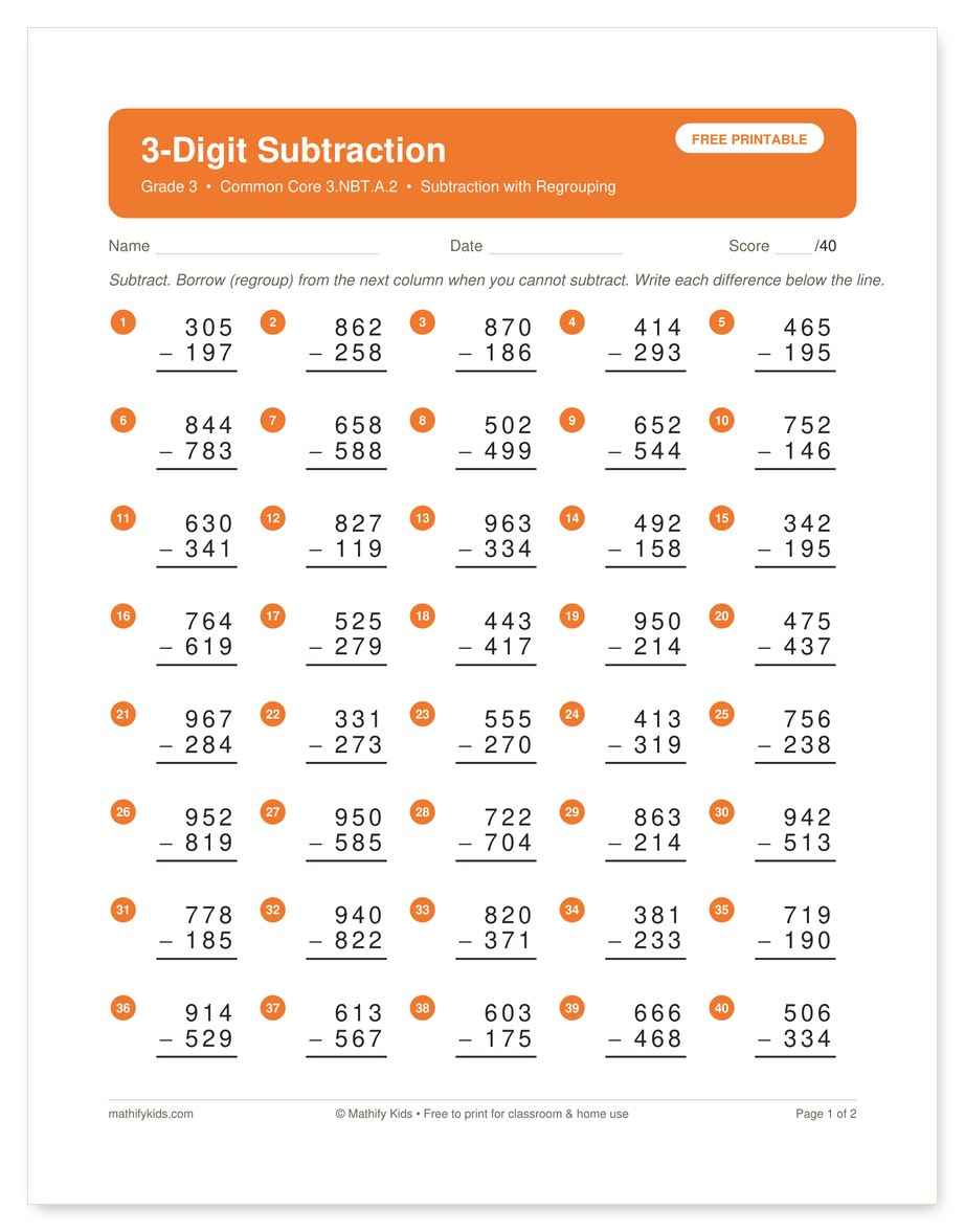 Free printable 3-digit subtraction worksheet with regrouping and answer key, Grade 3