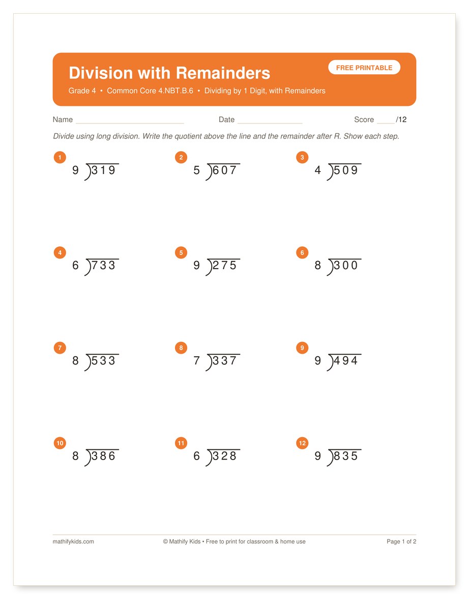Free printable division with remainders worksheet with answer key, Grade 4