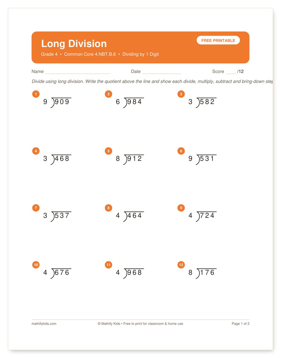 Free printable long division worksheet with answer key, Grade 4