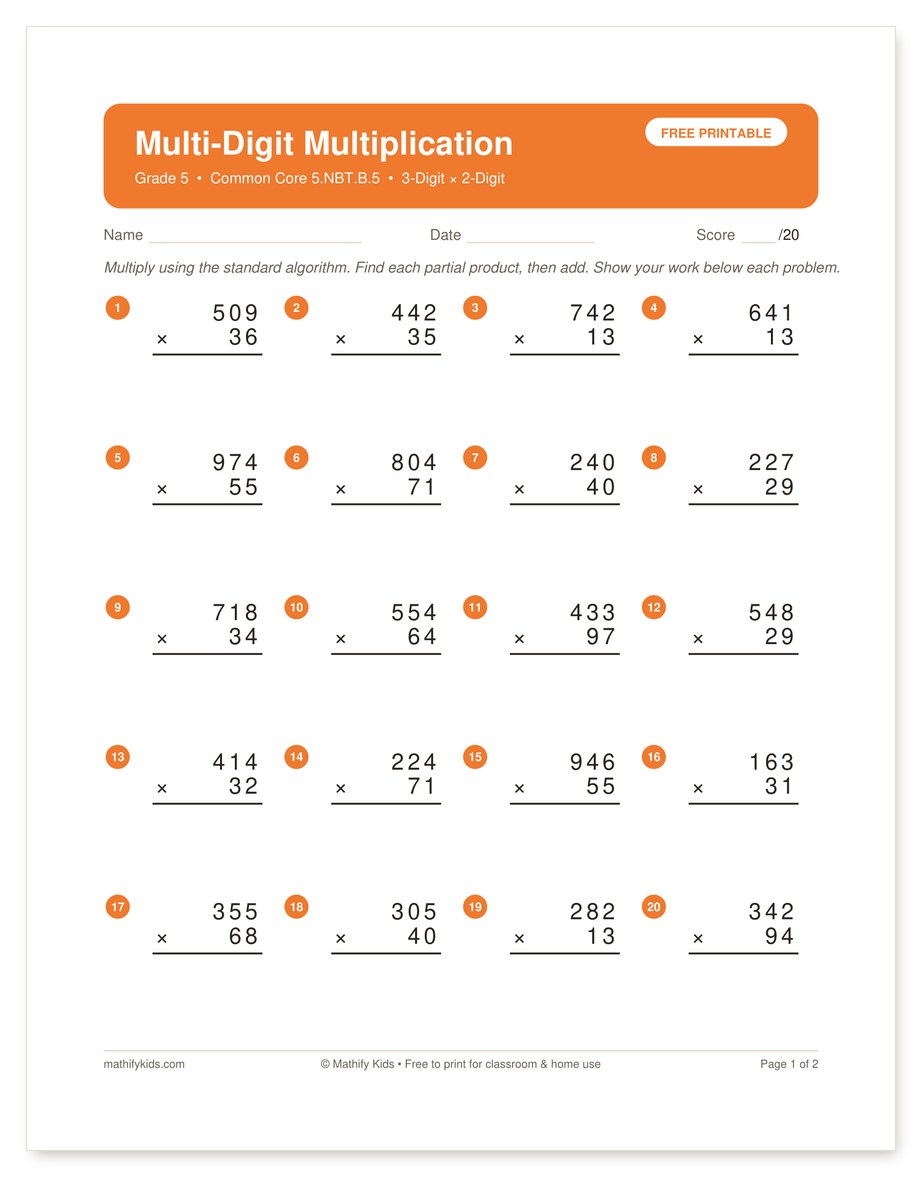 Free printable multi-digit multiplication worksheet with answer key, Grade 5